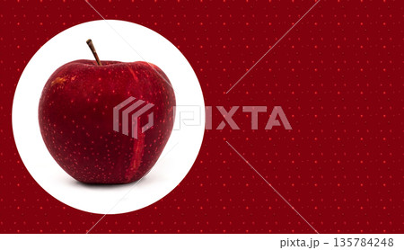 A whole ripe red apple, on a white background with a shadow, place under the text on a red background with a pattern A whole ripe red apple, on a white background with a shadow, place under the text on a red background with a pattern 135784248