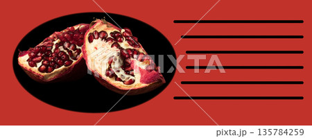 Pomegranate, citrus fruit on a black background, space for text, on a red background Pomegranate, citrus fruit on a black background, space for text, on a red background 135784259