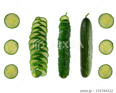 Fresh cucumber covered with chunks on white background isolated 135784322