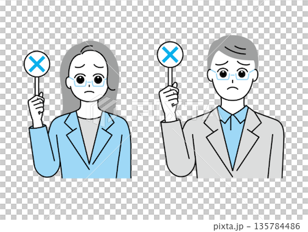 Illustration set of men and women in suits holding rounded tags 135784486