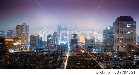 Shanghai Twilight Cityscape Panorama – Purple Sky Urban Skyline with Illuminated High-Rise 135784551