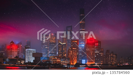 Spectacular Night View of Shanghai's Skyline with Colorful Illuminations Spectacular Night View of Shanghai's Skyline with Colorful Illuminations 135784560