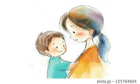Mother and child smiling showing love and connection. Watercolor illustration depicting a mother embracing her happy child with warmth and care 135784604