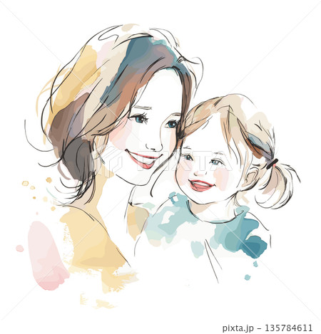 Mother and child smiling showing love and connection. Watercolor illustration depicting a mother embracing her happy child with warmth and care 135784611