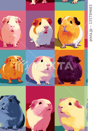 Pop art guinea pig distinct pet portraits grid. Nine cute guinea pigs in a colorful pop art distinct grid pattern Pop art guinea pig distinct pet portraits grid. Nine cute guinea pigs in a colorful pop art distinct grid pattern 135784663
