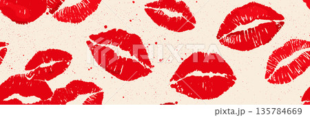 Red lipstick kiss marks seamless pattern on textured paper. Red lipstick kiss marks covering a cream textured paper surface, creating a playful pattern Red lipstick kiss marks seamless pattern on textured paper. Red lipstick kiss marks covering a cream textured paper surface, creating a playful pattern 135784669
