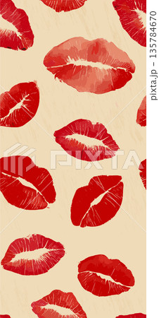 Red lipstick kiss marks seamless pattern on textured paper. Red lipstick kiss marks covering a cream textured paper surface, creating a playful pattern 135784670
