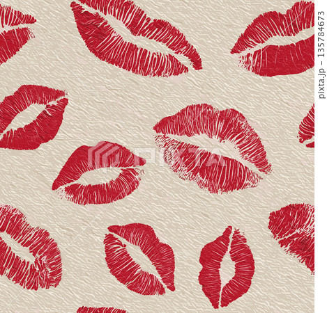 Red lipstick kiss marks seamless pattern on textured paper. Red lipstick kiss marks covering a cream textured paper surface, creating a playful pattern 135784673