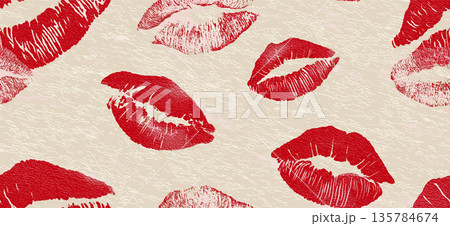 Red lipstick kiss marks seamless pattern on textured paper. Red lipstick kiss marks covering a cream textured paper surface, creating a playful pattern 135784674