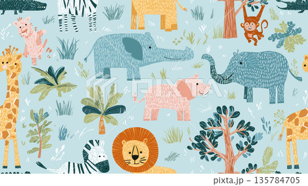 Cute cartoon jungle animals seamless pattern. Safari animals pattern with giraffes, elephants, and lions on a light blue background 135784705