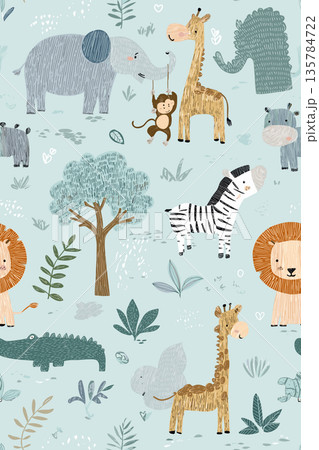 Cute cartoon jungle animals seamless pattern. Safari animals pattern with giraffes, elephants, and lions on a light blue background 135784722