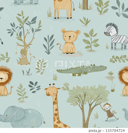 Cute cartoon jungle animals seamless pattern. Safari animals pattern with giraffes, elephants, and lions on a light blue background Cute cartoon jungle animals seamless pattern. Safari animals pattern with giraffes, elephants, and lions on a light blue background 135784724