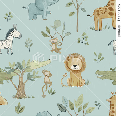 Cute cartoon jungle animals seamless pattern. Safari animals pattern with giraffes, elephants, and lions on a light blue background 135784725