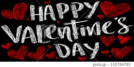 Happy Valentines Day greeting text with red hearts. White handwritten Happy Valentines Day text surrounded by red hearts on a black background Happy Valentines Day greeting text with red hearts. White handwritten Happy Valentines Day text surrounded by red hearts on a black background 135784783