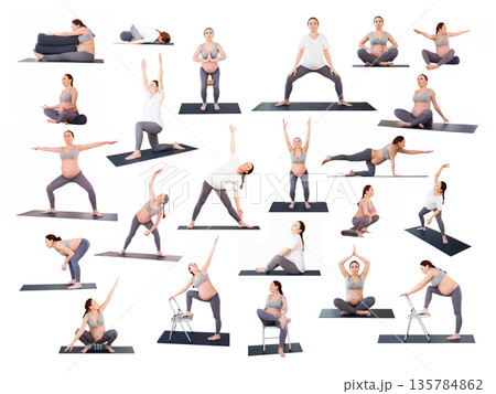 pregnant woman is engaged in yoga. Butterfly Pose or Baddha Konasana pregnant woman is engaged in yoga. Butterfly Pose or Baddha Konasana 135784862