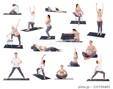 pregnant woman is engaged in yoga. Butterfly Pose or Baddha Konasana 135784865