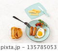 Fried egg and grilled sausages served with fresh tomatoes on the plate. 135785053