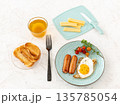 Fried egg and grilled sausages with a cup of tea. 135785054