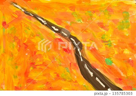 Watercolor painting. A road runs through a forest in autumn. View from above. 135785303