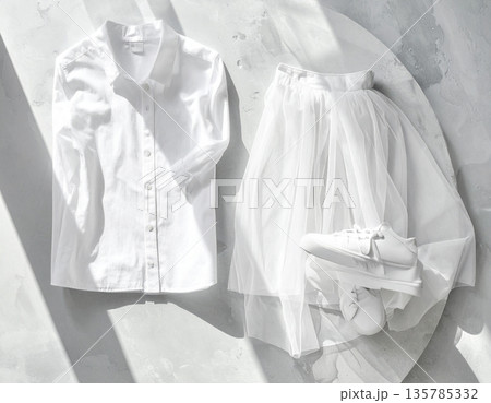 春の陽光を感じさせるリネンシャツとスカートの清潔感あふれるホワイトコーデ 135785332