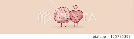Gentle cartoon brain and heart hugging, showing mental health. Brain and heart characters are hugging, symbolizing mental and emotional balance with care Gentle cartoon brain and heart hugging, showing mental health. Brain and heart characters are hugging, symbolizing mental and emotional balance with care 135785398