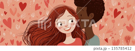Happy cartoon couple showing love and affection. Smiling cartoon boy and girl with red hearts floating above them, depicting true love Happy cartoon couple showing love and affection. Smiling cartoon boy and girl with red hearts floating above them, depicting true love 135785412