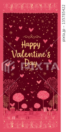 Happy Valentine's Day gold glitter greeting with floral ornament. Gold happy Valentine's Day text on a red background with decorative floral elements 135785422