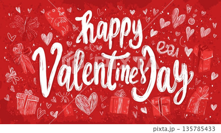 Happy Valentine's Day greeting with doodle hearts and gifts. Red background with white handwritten lettering for a romantic celebration of love 135785433