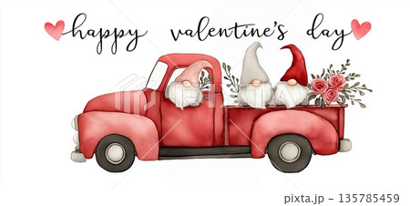 Red truck carrying gnomes, hearts, and roses for Valentine's Day. Red vintage truck carrying two gnomes, hearts, and roses with Happy Valentine's Day text Red truck carrying gnomes, hearts, and roses for Valentine's Day. Red vintage truck carrying two gnomes, hearts, and roses with Happy Valentine's Day text 135785459