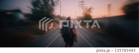 Backpacker walking road at sunset journeying toward destination. Backpacker walking on a road at sunset, motion blur suggesting movement and travel 135785493