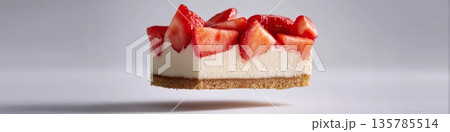 Levitating strawberry cheesecake slice with fresh fruit. Strawberry cheesecake slice levitating with fresh strawberries on a clean white background Levitating strawberry cheesecake slice with fresh fruit. Strawberry cheesecake slice levitating with fresh strawberries on a clean white background 135785514
