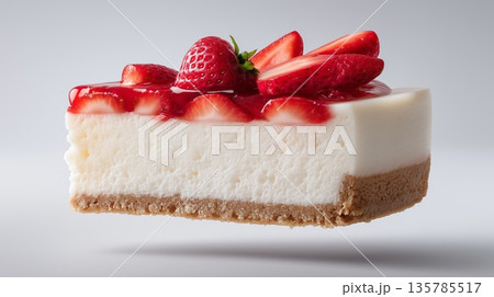 Levitating strawberry cheesecake slice with fresh fruit. Strawberry cheesecake slice levitating with fresh strawberries on a clean white background 135785517
