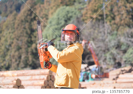 現場でチェーンソーを構える日本人男性　撮影協力：多摩森林センター協同組合 135785770
