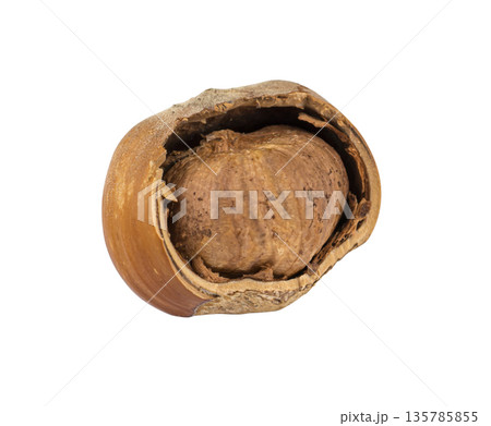 hazelnut, hazelnut partly shelled, isolated on white background 135785855