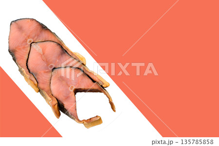 Pink salmon fish, cut into pieces, on a white background in isolation, place under the text on a red background 135785858