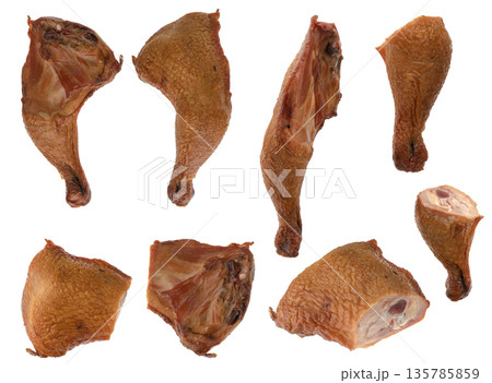 Smoked chicken meat, on a white plate in isolation, collage 135785859
