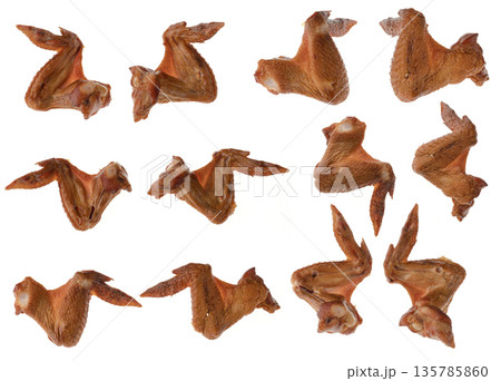 Smoked chicken wings, on a white background in isolation, collage 135785860