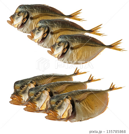 Smoked vomer fish, collage on white background isolated 135785868