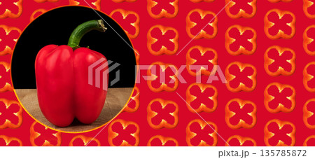 Ripe bell peppers red, on a wooden board on a black background, place for text, template for a banner Ripe bell peppers red, on a wooden board on a black background, place for text, template for a banner 135785872