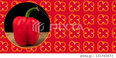 Ripe bell peppers red, on a wooden board on a black background, place for text, template for a banner Ripe bell peppers red, on a wooden board on a black background, place for text, template for a banner 135785873