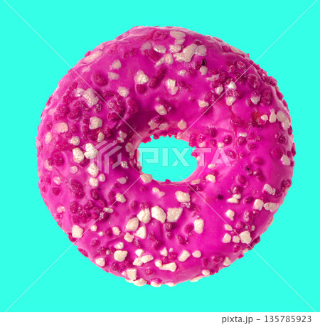 lush donut covered with cream, on a blue background 135785923