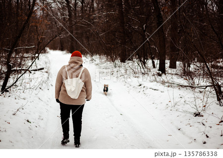 A woman walking with a small dog, enjoying a moment of peace on a snowy forest path. Authentic lifestyle image captures a sense of freedom, winter exploration, and serene solitude in nature.  135786338
