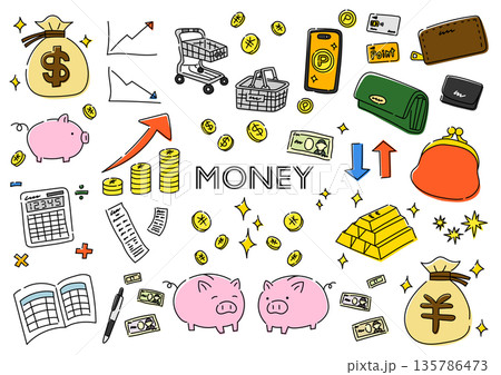 お金に関係するものの手描きイラストセット 135786473