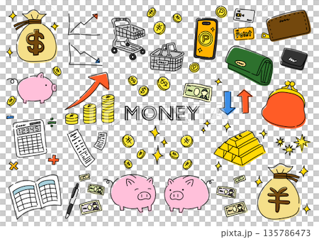 お金に関係するものの手描きイラストセット 135786473