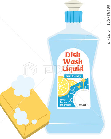 Blue Soap Bottle and Bubbly Sponge Blue Soap Bottle and Bubbly Sponge 135786499