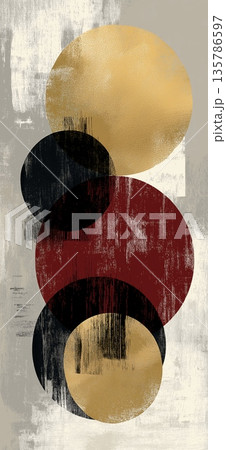 Abstract circles overlapping a textured gold black red composition. Abstract composition featuring overlapping circular forms of varying sizes and colors on a textured background 135786597