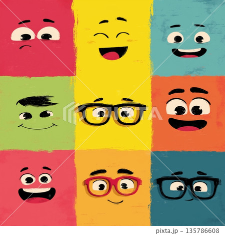Cartoon faces showing emotions and different personalities. Cheerful cartoon faces on a colorful background expressing various emotions and concepts 135786608