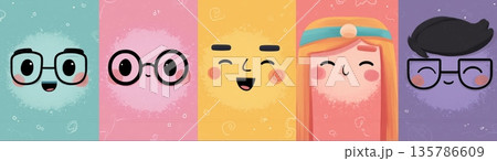 Cartoon faces showing emotions and different personalities. Cheerful cartoon faces on a colorful background expressing various emotions and concepts 135786609