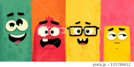 Cartoon faces showing emotions and different personalities. Cheerful cartoon faces on a colorful background expressing various emotions and concepts 135786612