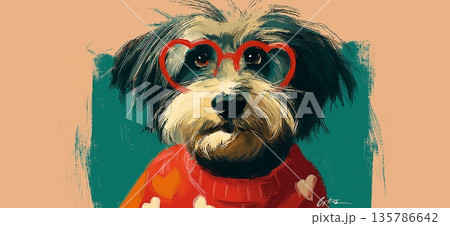 Dog wearing red heart sweater and glasses for Valentine. Doodle dog wearing a red heart sweater with heart-shaped glasses 135786642
